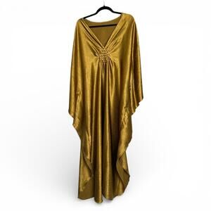 Vintage Gold Metallic Liquid Satin Disco Caftan Maxi Dress